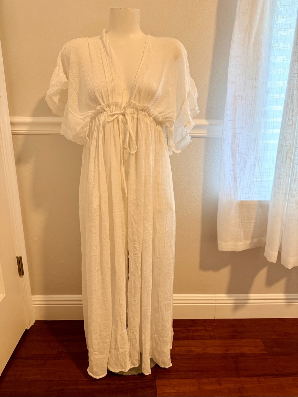 White Boho Gauze Maxi Dress Open Back Tie Flutter Sleeve Beach Resort